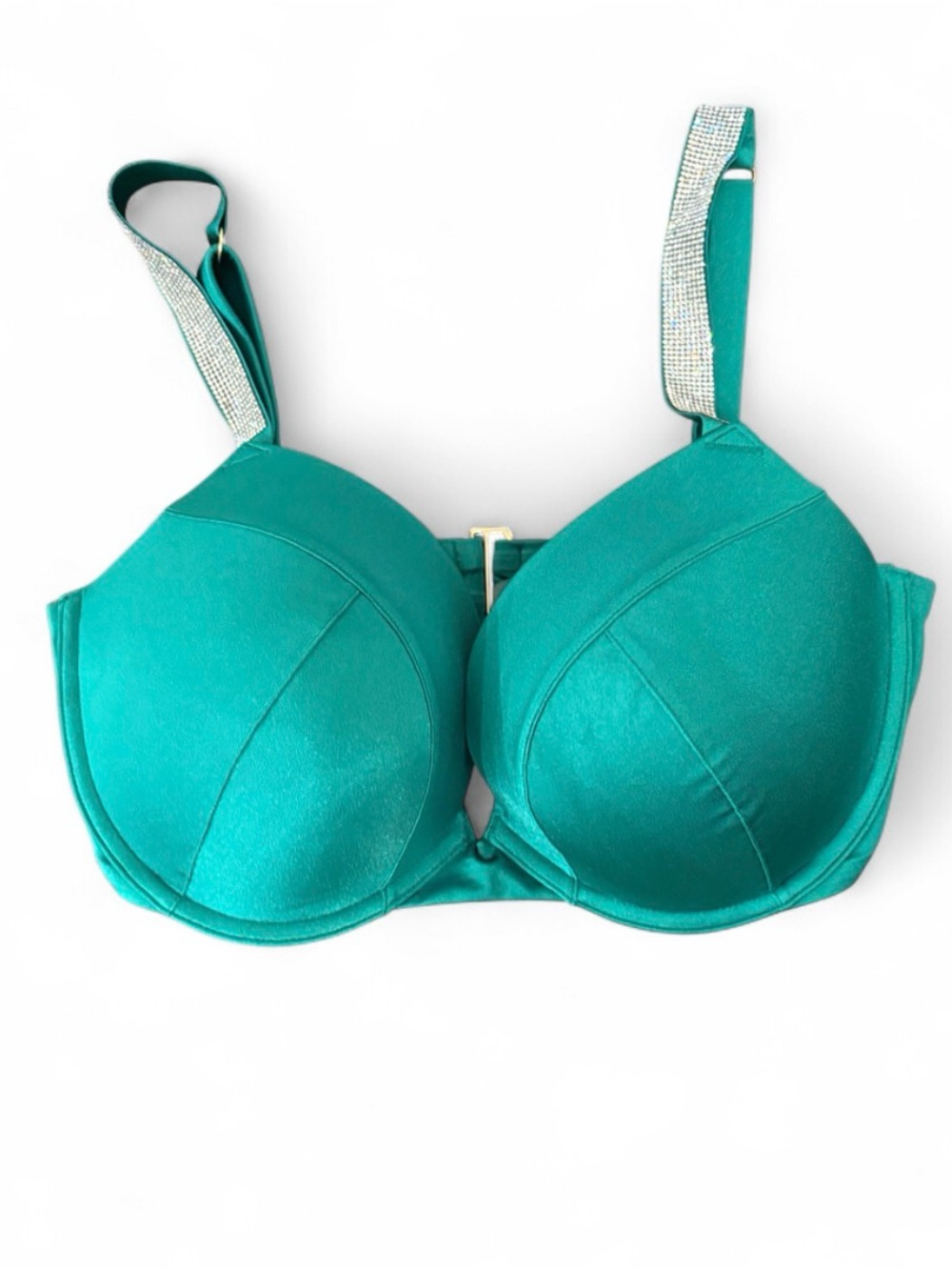Victoria’s Secret 36DD Emerald Satin Rhinestone Strap Bra NWOT Bling